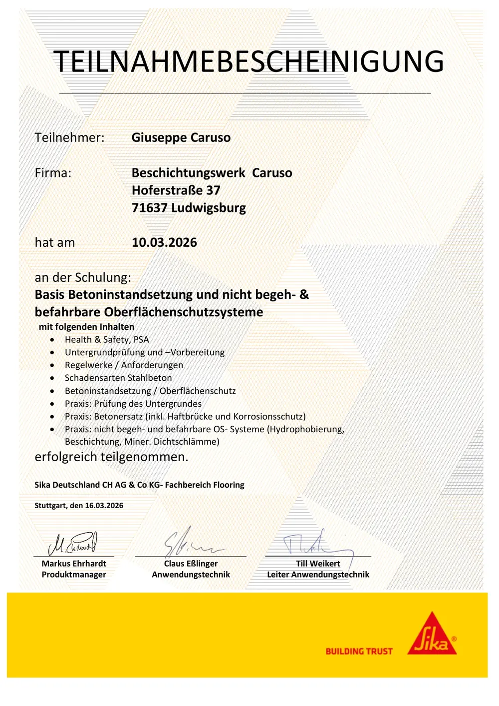 Sika-Teilnahmebescheinigung Decorative Flooring