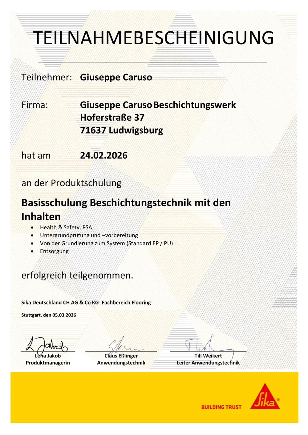 Sika-Teilnahmebescheinigung Beschichtungstechnik EP / PU